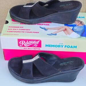 Skechers Sandals Womens Slip On Wedge Heel Strap bling Memory Foam Size 9